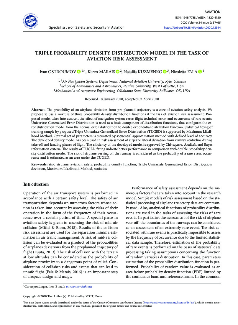 Triple Probability Density Distribution model in the task of Aviation Risk Assessment