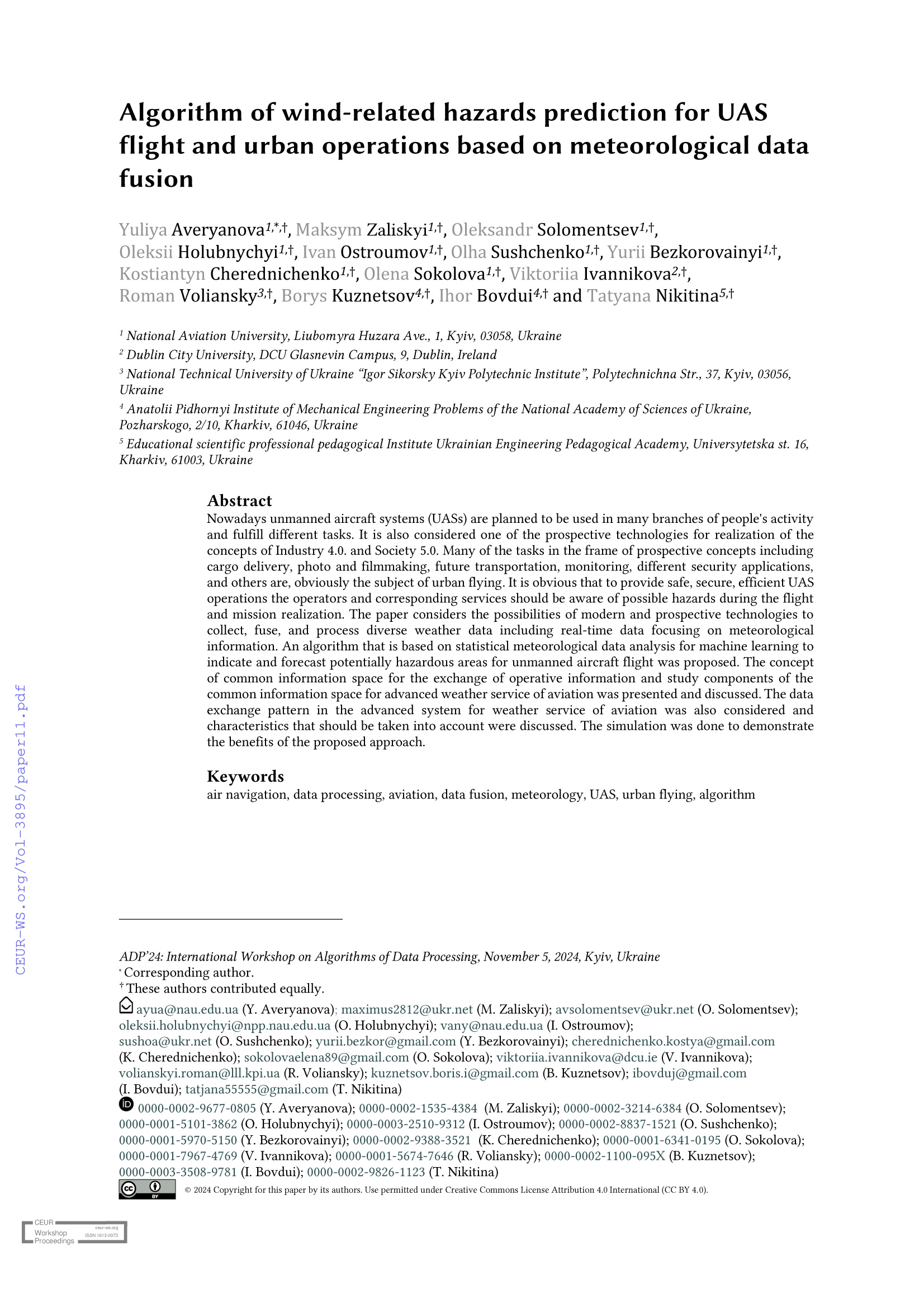 Algorithm of wind-related hazards prediction for UAS flight and urban operations based on meteorological data fusion