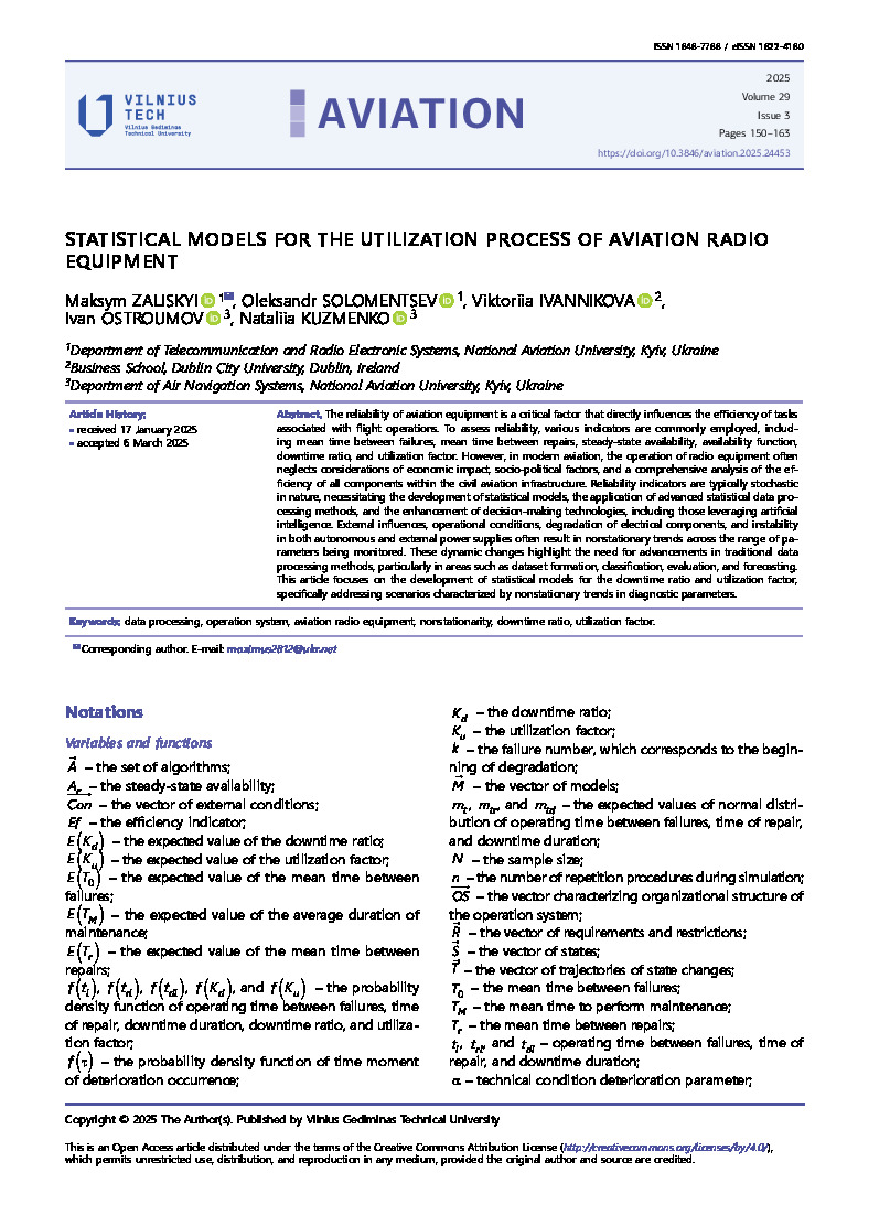 Statistical models for the utilization process of aviation radio equipment